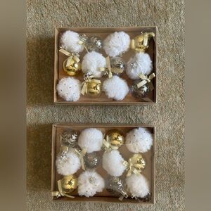 Holiday Time Mini Christmas ornaments 12 ct box. Gold-Silver White faux fur. New